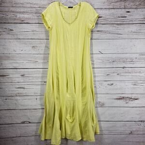 Grizas 100% Washed Linen Lemon Yellow Bubble Hem Maxi Dress Size Large